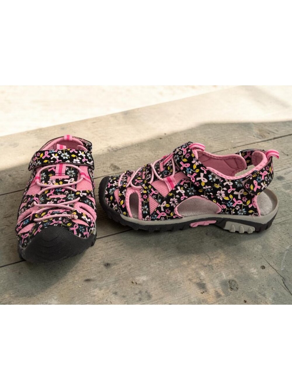 Black & Pink Breast Cancer awareness Floral Ribbon Outdoor Sandals size 6